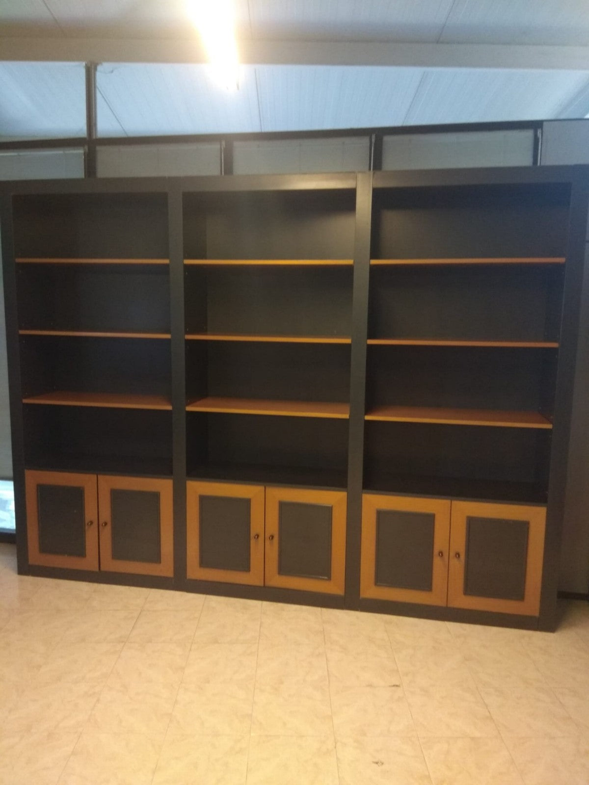 Armario estantería con puertas bajas.