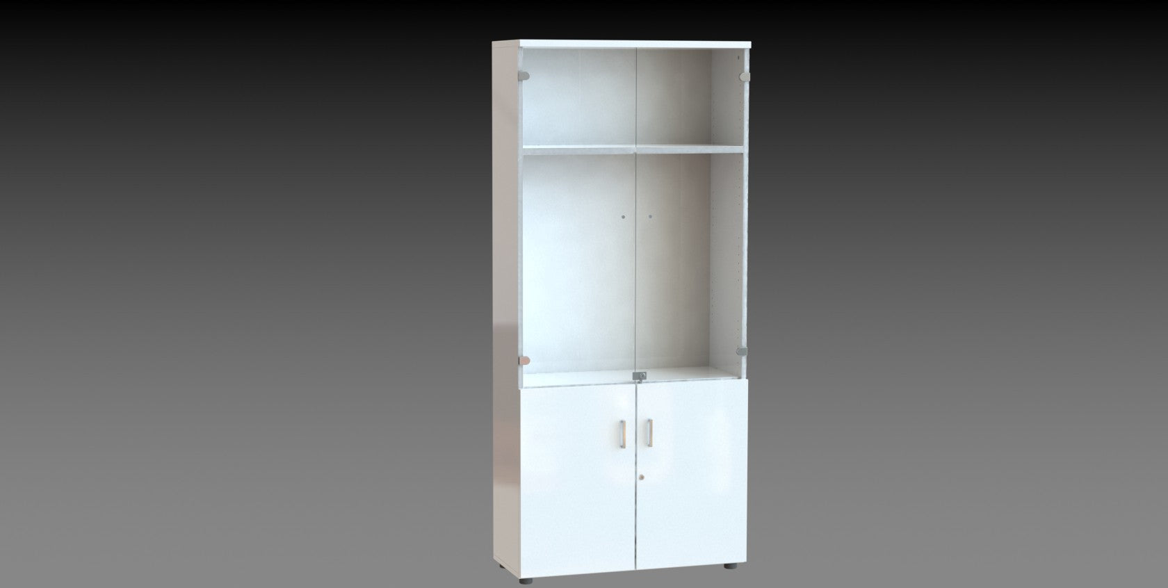 Armario alto con puertas de cristal.